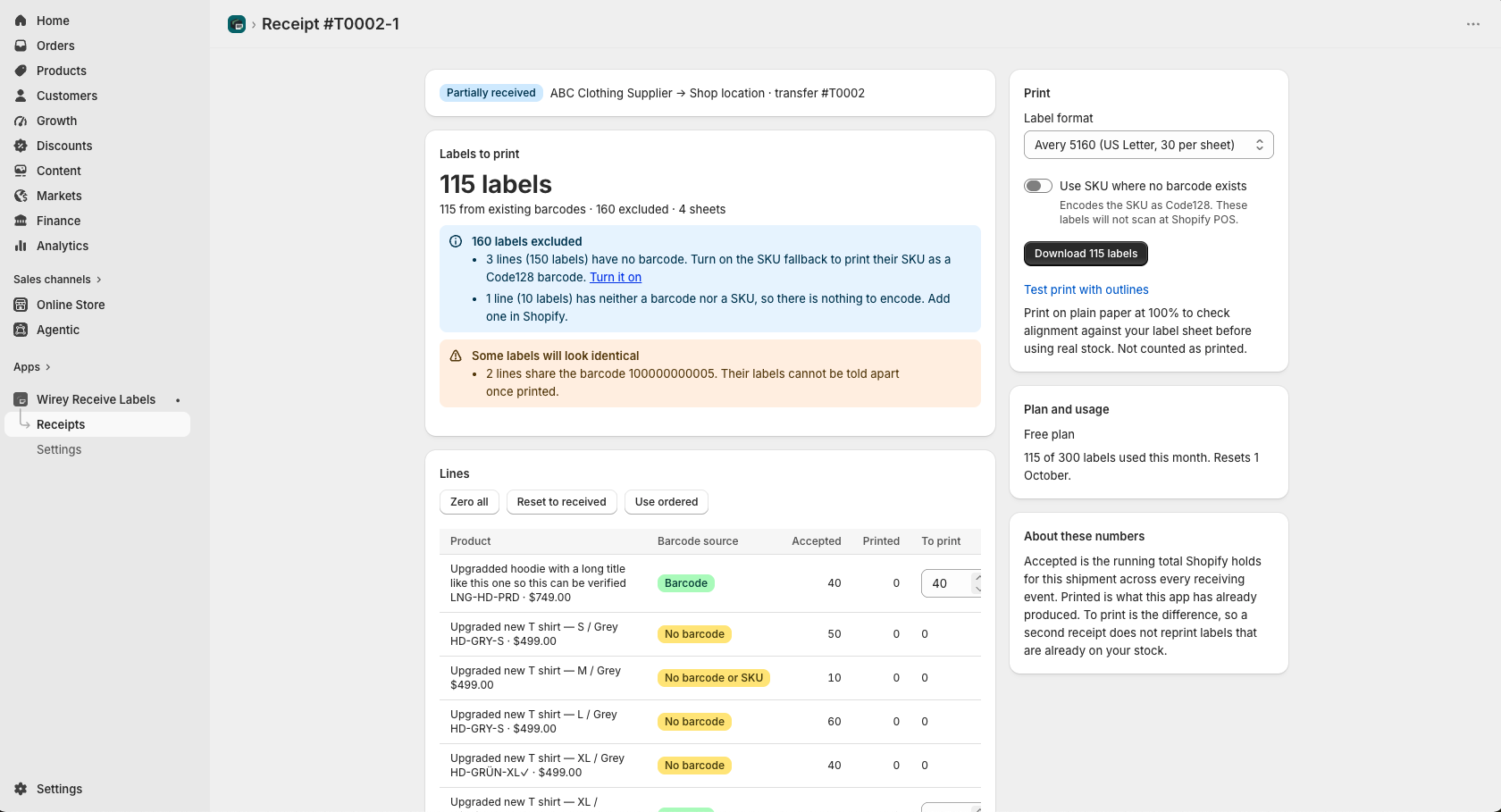 Wirey Receive Labels showing barcode label quantities for received Shopify inventory