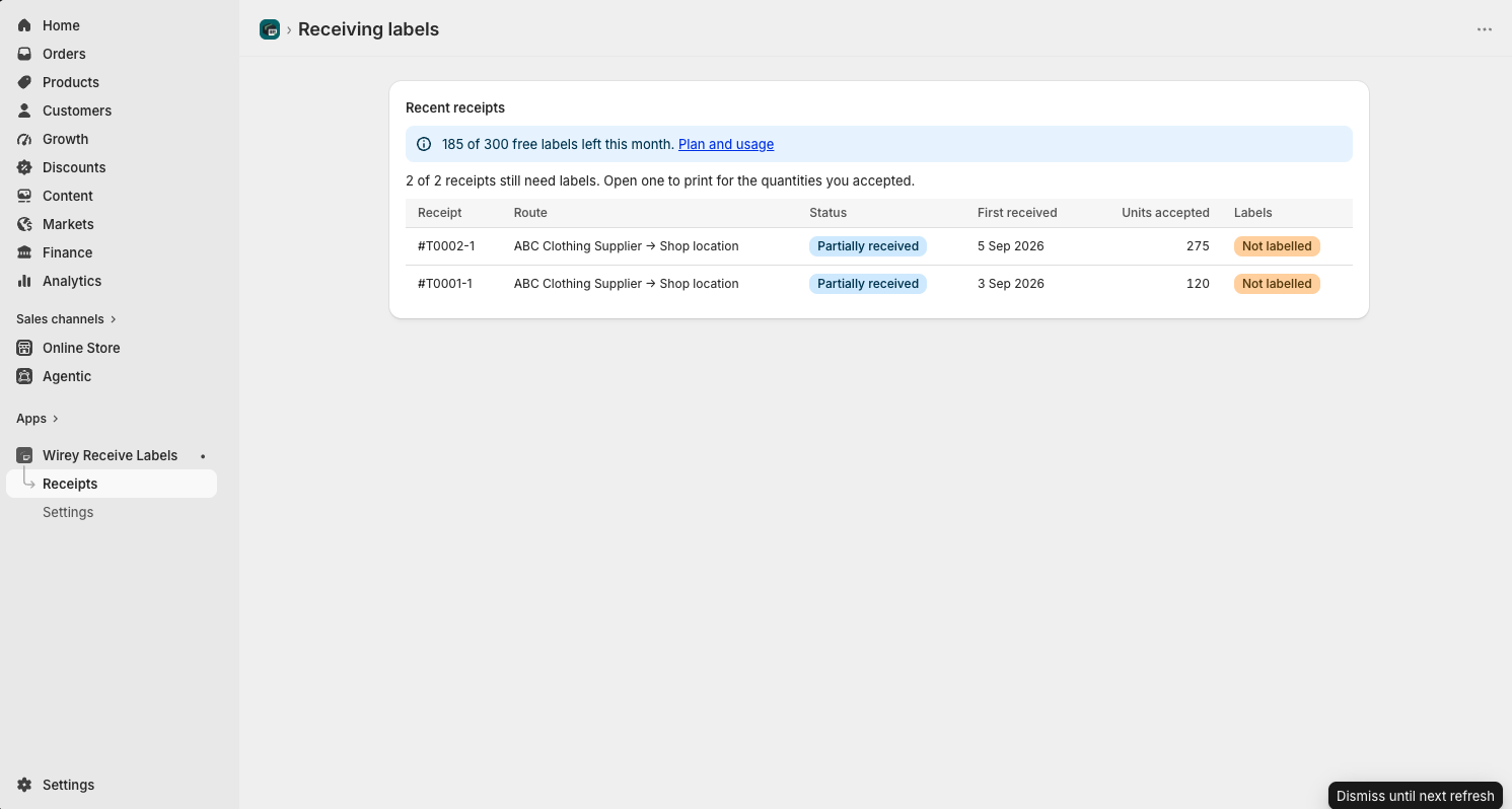 Recent Shopify receipts with accepted unit and label status information